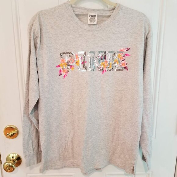 Victoria Secret PINK Bling Sequin Gray floral print long sleeve tshirt, Sz Small - Picture 3 of 12